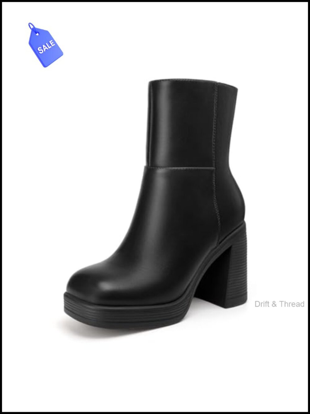 Black PU Leather Square Toe Platform Ankle Boots Chunky Heel